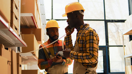Two persons talking on phone call and writing list of clipboard papers, using files for stock...