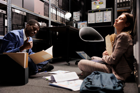 Diverse inspectors working at fraude case, discussing crime scene evidence working at investigation Private detectives analyzing criminology report discovery confidential information.の写真素材
