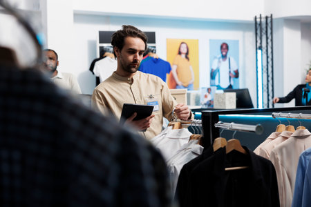 Clothing store young caucasian man manager using digital tablet to organize merchandise. Shopping...