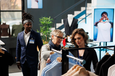 Small business worker helping senior customer choosing trendy clothes, discussing fabric in modern boutique. Elderly woman shopping for casual wear, buying fashionable merchandise in clothing storeの写真素材