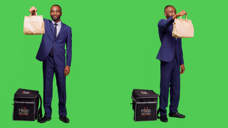 Corporate employee working as deliveryman in studio, having backpack to deliver fast food meal from takeaway order. Young businessman carrying thermal bag with takeout meal on greenscreen.の写真素材
