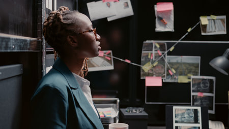 Woman detective analyzing clues and suspicious photos, working on crime solving in office. Law agent reviewing criminal records with legal expertise, searching for physical evidence.の写真素材