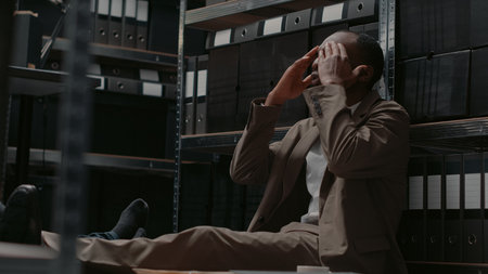 Inspectors colleagues reading archive records in office sitting on the floor, working on criminal felony. Team of detectives reviewing surveillance photos and evidence map on board. Handheld shot.の写真素材