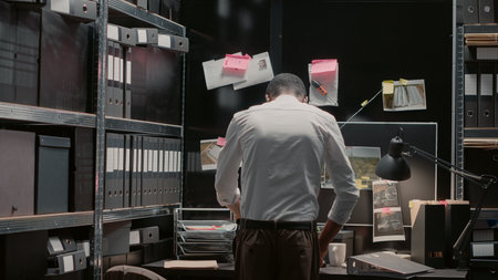 Detective analyzing criminal files and photos on board, searching insight to find suspect. Police...