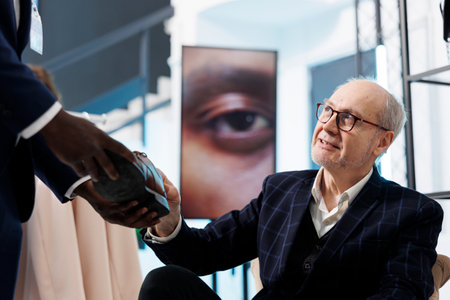 Showroom employee helping senior client with fashionable shoes in shopping centre. Elderly man buying merchandise clothes, analyzing fashion collection in boutique. Fashion conceptの写真素材