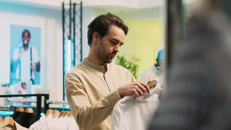 Caucasian man looking at fashionable wear on hangers, buying modern clothes on sale in shopping center. Male customer examining fashion boutique merchandise, commercial activity. Handheld shot.の写真素材