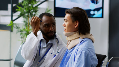 Doctor checking patient eye vision during checkup visit consultation in hospital waiting room, medic...