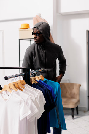 African american robber choosing to steal fashionable merchandise, looking around to see if someone watching him. Thief robbing modern boutique, wearing hood and sunglasses. Crime conceptの写真素材