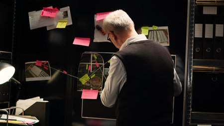 Senior detective analyzes clues board in evidence room, looking at forensic report and surveillance...