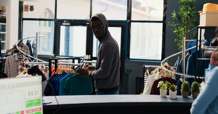 Robber trying to stole trendy merchandise from clothing store, being caught by asian bodyguard....