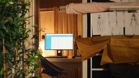 Empty atelier with list of orders on computer, clients appointments and indications to create custom...