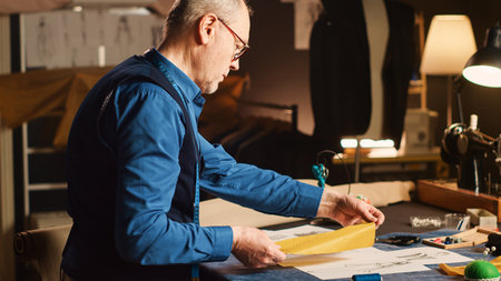 Experienced tailor choosing model to make clothes, looking at modern sketches in atelier. Couturier crafting custom made fashion items with textile industry tools and skill. Handheld shot.の写真素材