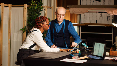 Senior tailor teaching beginner to work with textile industry tools and create modern clothes. Apprentice learning to craft fabric with experienced couturier in atelier, needlework.の写真素材