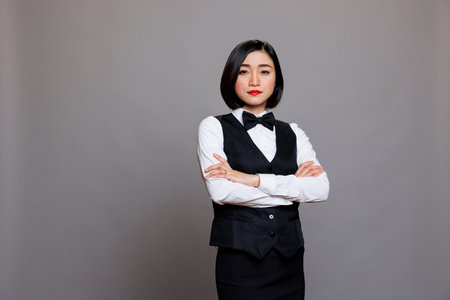 Professional asian woman waitress standing with arms crossed portrait. Serious receptionist in uniform showing confidence while posing with folded hands and looking at cameraの写真素材