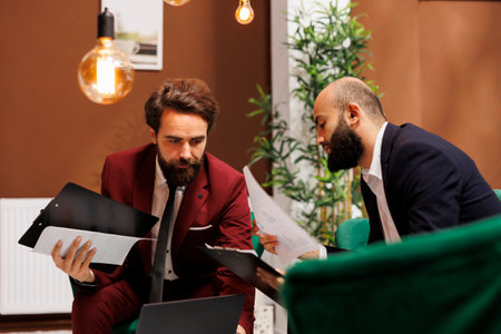 Male travellers attending meeting abroad to share experiences, discovering new corporate...