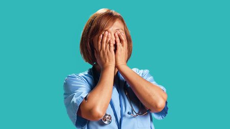 Fatigued BIPOC skilled nurse covering face with palms, sleepy after long job shift. Asian healthcare employee in need of break from job, isolated over studio background, close upの写真素材