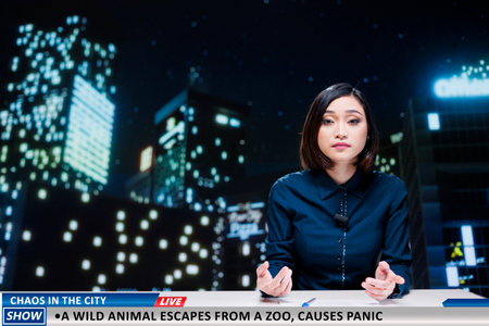 Newscaster warns people of wild animal which escaped from local zoo, frightening population and causing panic in the city. Asian woman going live on night show, wildlife escape.の写真素材