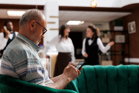 Retired senior man enjoys online connectivity in hotel lobby, using mobile device for communication and relaxation. Elderly male traveler relaxing with smartphone in luxury lounge area.の写真素材