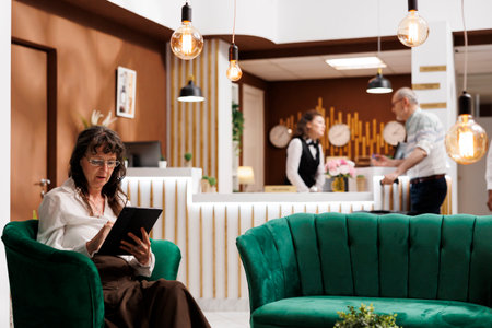 Elderly female traveler on couch, surfing the net on digital device. As senior man arrives at front desk of hotel lobby, caucasian old woman sits on comfy sofa, using tablet for online reservation.の写真素材