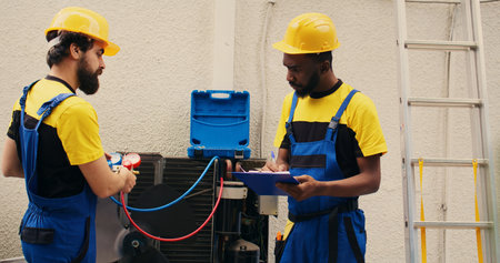 Expert technicians team working with manifold gauges to check air conditioner refrigerant levels, writing result on clipboard. Skillful mechanics using barometer benchmarking hvac system toolの写真素材