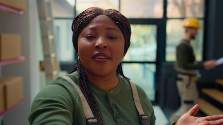 African american warehouse manager using selfie smartphone camera, filming introduction video for new interns starting job in distribution center, teaching them safety measuresの写真素材