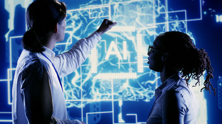 Skilled executives looking at artificial intelligence human brain simulation hologram. Knowledgeable professionals brainstorming ways to harness AI technology power, interacting with AR visualizationの写真素材