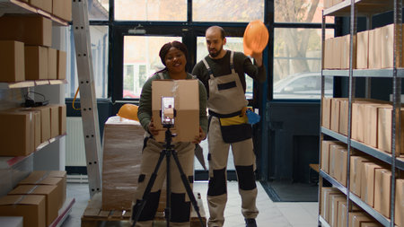 Warehouse marketing expert using smartphone placed on tripod to make ad campaign for social media platforms. African american influencer films herself in storage room showcasing her businessの写真素材