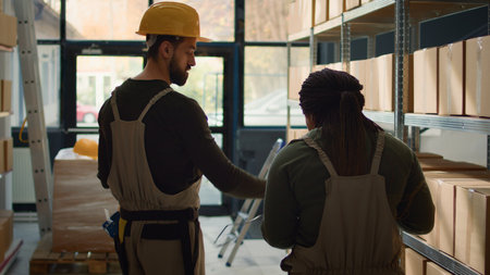 Meticulous employee walking through warehouse aisles scanning cardboard boxes on shelves under team leader guidance, using digital devices to update info before sending packages for shippingの写真素材