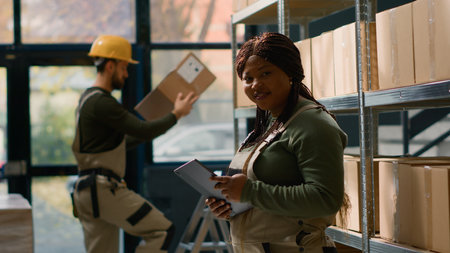 Portrait of joyful head of logistics in warehouse holding tablet, checking packaging while trainee in background handles packaged items in cardboard boxes ready to be shippedの写真素材