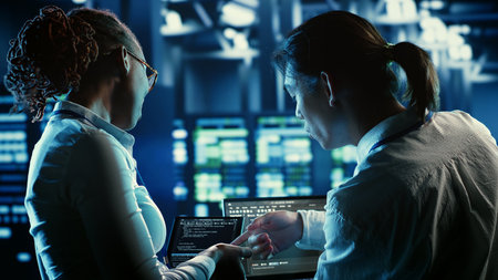 Colleagues programming in server farm housing advanced infrastructure storing massive datasets. Admins running code on laptop to repair data center racks doing complex computational operationsの写真素材