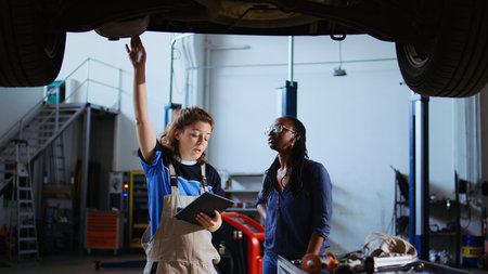 Mechanic and customer standing underneath car in garage using laptop to order new parts after finding fire hazards. Expert assisting client by looking for components online, zoom out shotの写真素材