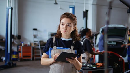 Cheerful engineer in repair shop using tablet to check car performance parameters during inspection. Relaxed garage workspace employee using device to examine damaged vehicleの写真素材