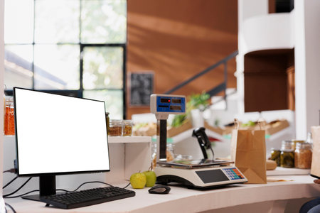 Desktop with the monitor showing a white screen in grocery store. Weight scale and a paper brown bag on the counter alongside computer pc displaying isolated chromakey copyspace template.の写真素材