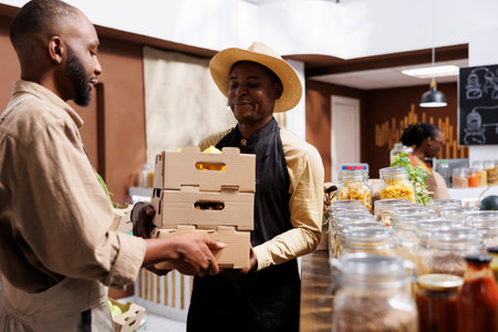 Black farmer provides locally sourced bio produce to happy vendor selling it to sustainable living clients in zero waste shop. Man hands crates full of fresh natural produce to the smiling shopkeeper.の写真素材