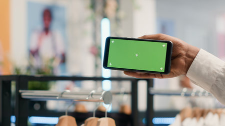 Customer in SH clothing shop holding green screen mobile phone, deciding what clothes to purchase. Client looking at new collection of garments in discount store using chroma key smartphone, close upの写真素材