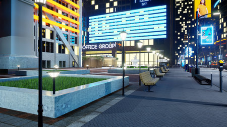 Nighttime downtown city roads with cars driving past tall buildings. Empty metropolitan town with boulevards illuminated by office park constructions and lamp posts, 3d render animationの写真素材