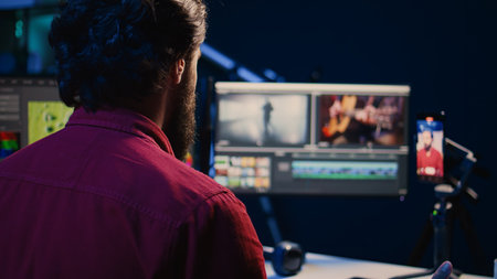 Videographer using smartphone to record himself explaining basic editing techniques for beginners, selling online course. Professional video editor filming footage manipulating tutorialの写真素材