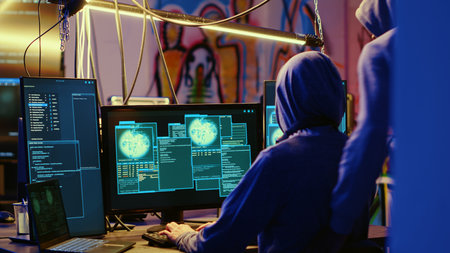 Hackers happy after successfully doing computer sabotage using encryption trojan ransomware in...