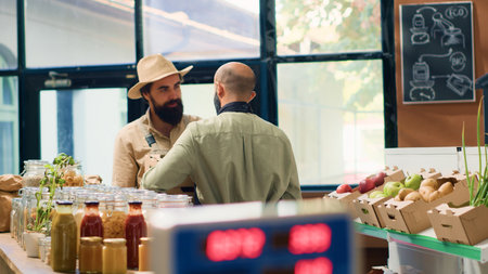 Local farmer delivers products to vendor in zero waste bio supermarket, bringing freshly harvested fruits and veggies in crates. Small business owner supplies storekeeper with goods. Handheld shot.の写真素材