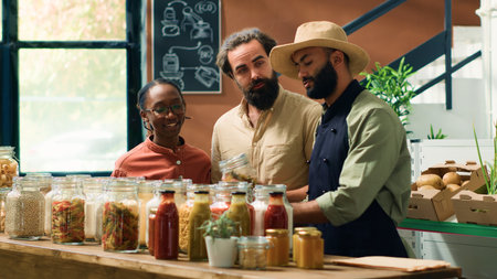 Vendor recommending bio pantry products to young couple at local organic supermarket, sharing his secret family pasta bolognese recipe with clients. Excellent service at zero waste store.の写真素材