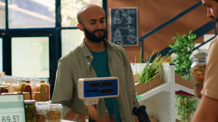 Merchant using scale at checkout, weighting food supplies and fresh produce for middle eastern buyer in grocery store. Vendor selling pantry items in bulk to man in local supermarket. Handheld shot.の写真素材