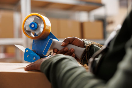 African american employee preparing customers orders, putting adhesive tape on cardboard box before shipping packages. Stockroom supervisor working at goods inventory in storage rooom. Close upの写真素材