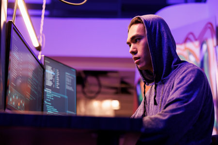 Asian hacker in hood installing spyware on victim computer and coding ransomware on computer. Young criminal planning phishing online fraud in abandoned warehouse at nightの写真素材