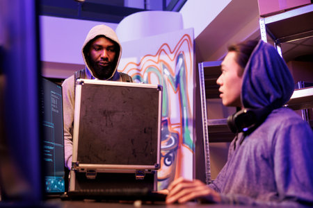 African american hacker opening black box with malicious ransomware program for data breach. Scammer showing case with illegal technology and planning hacking attack with crime partnerの写真素材