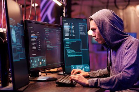 Asian criminal in hood hacking server and stealing data while committing online crime. Young hacker...