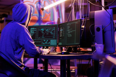 Internet criminal hacking computer network system and running ransomware code on screen. Man in hood...
