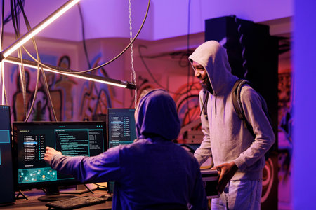 Hacker showing malware code on computer screen for data breach. Criminals breaking law while programming internet virus malicious software and planning crime in hideout workspaceの写真素材