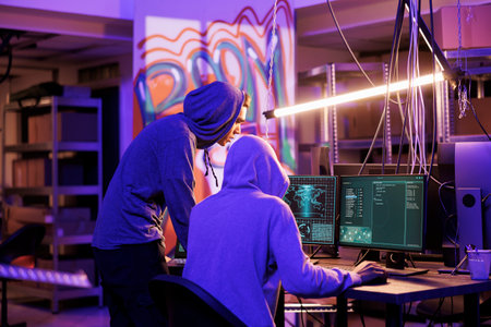 Internet criminals in hoods spying online using illegal spyware on computer. Hackers preparing ransomware attack, breaking law and planning phishing scam in abandoned warehouseの写真素材