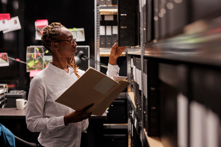 Police investigator studying archival crime case materials, working overtime in detective office room. African american policewoman searching evidence records and taking file from shelfの写真素材