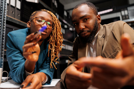 African american man and woman detectives brainstorming and looking at camera. Police investigators partners searching insight for solving crime together in office at night timeの写真素材